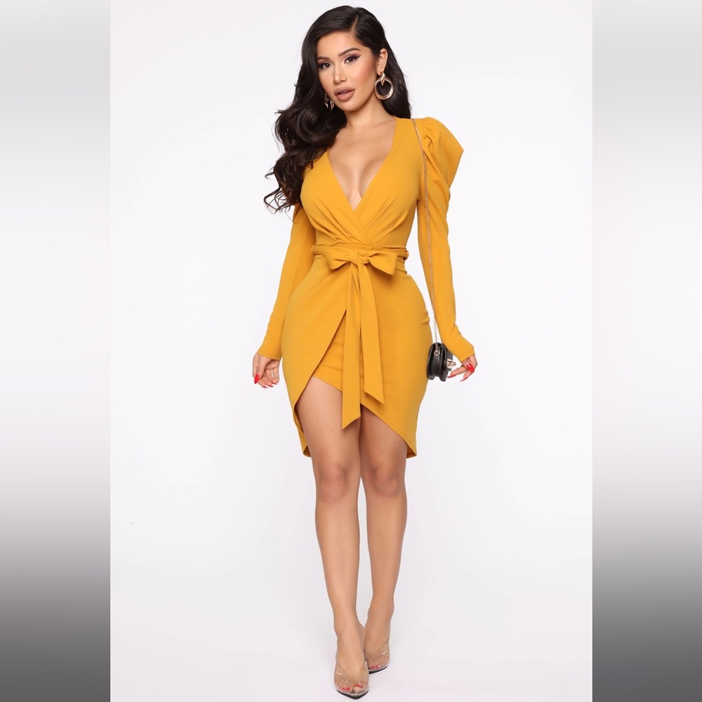 Surplice tulip puff sleeve tie belt stretch plunge v neck long sleeve dress